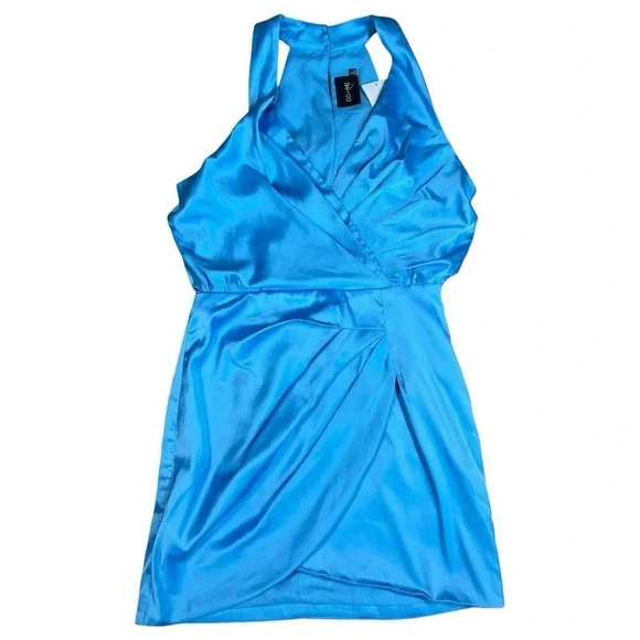 Do + Be Collection V-Neck Wrap Summer Mini Dress Baby Blue Satin Size Small - Picture 15 of 15